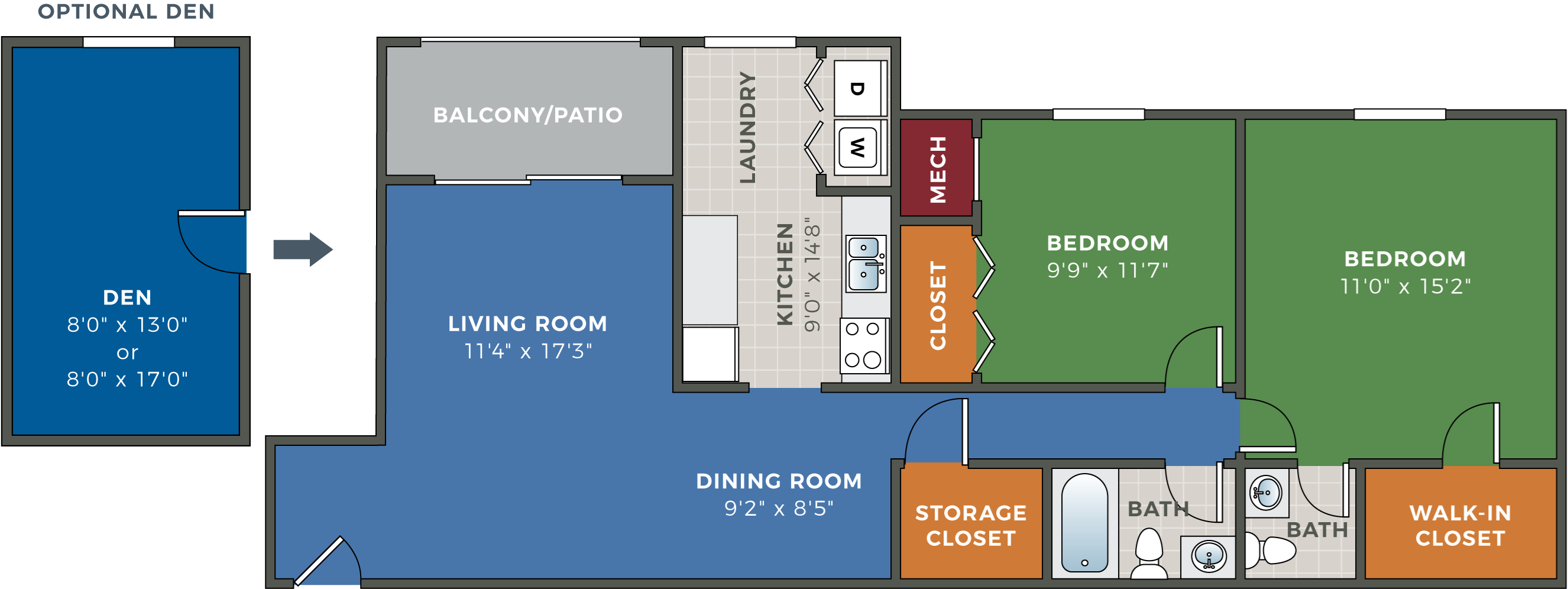CopperCroft 2 Bedroom 1.5 Bath with Optional Den Floor Plan CopperCroft 2 Bedroom 1.5 Bath with Optional Den Floor Plan at Hethwood Apartment Homes, Virginia