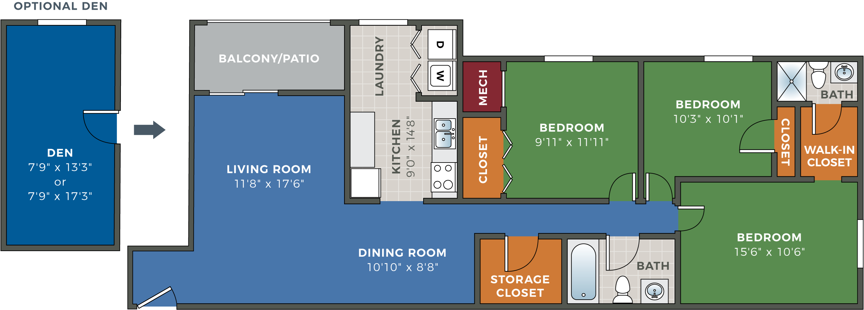 CopperCroft 3 Bedroom 2 Bath with Optional Den Floor Plan CopperCroft 3 Bedroom 2 Bath with Optional Den Floor Plan at Hethwood Apartment Homes, Virginia, 24060