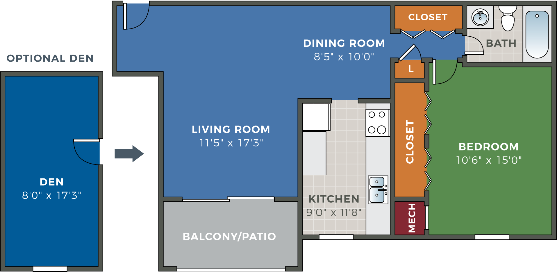 FoxCroft 1 Bedroom 1 Bath with Optional Den Floor Plan FoxCroft 1 Bedroom 1 Bath with Optional Den Floor Plan at Hethwood Apartment Homes, Virginia