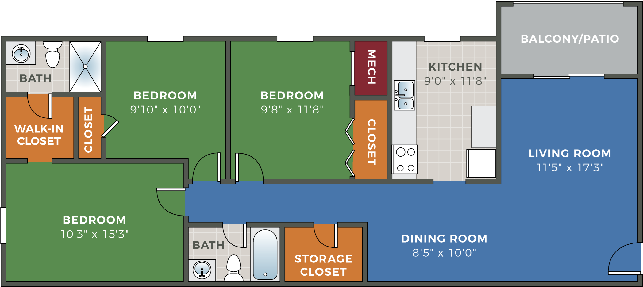 FoxCroft 3 Bedroom 2 Bath Floor Plan FoxCroft 3 Bedroom 2 Bath Floor Plan at Hethwood Apartment Homes, Blacksburg, VA, 24060