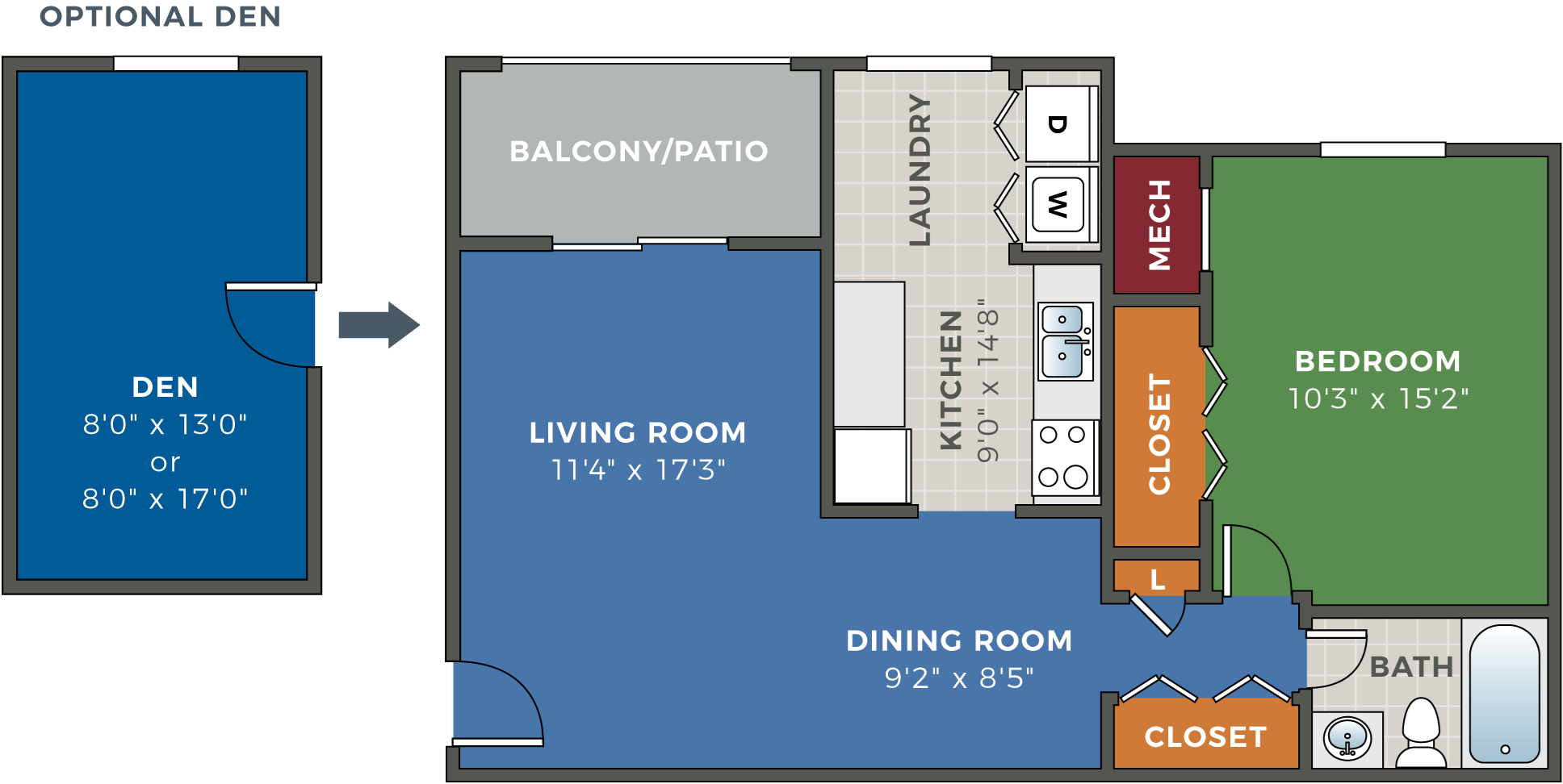 FoxRun 1 Bedroom 1 Bath with Optional Den Floor Plan FoxRun 1 Bedroom 1 Bath with Optional Den Floor Plan at Hethwood Apartment Homes, Blacksburg, VA