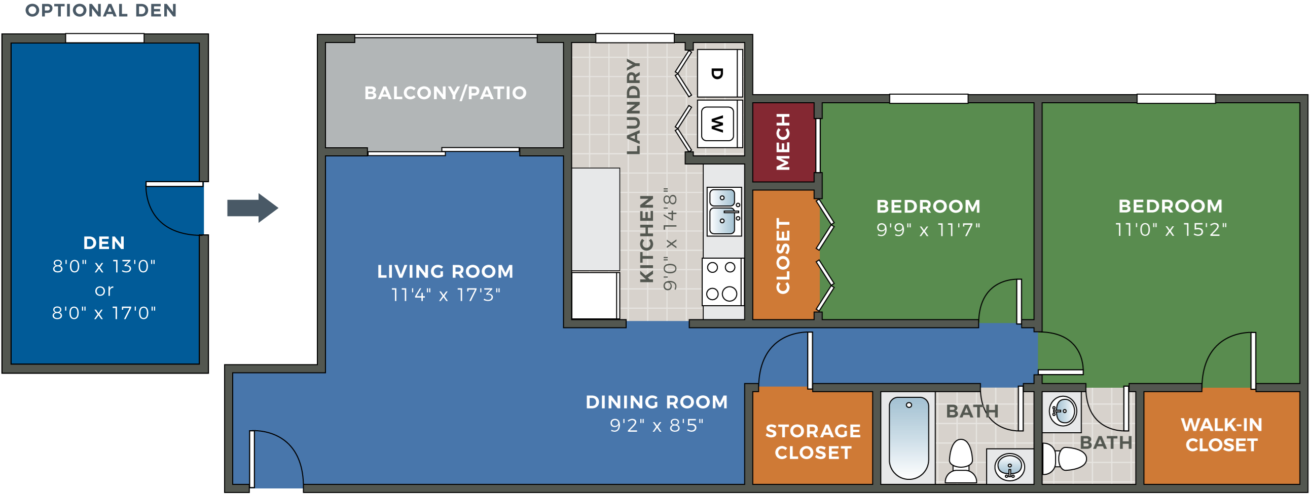 FoxRun 2 Bedroom 1.5 Bath with Optional Den Floor Plan FoxRun 2 Bedroom 1.5 Bath with Optional Den Floor Plan at Hethwood Apartment Homes, Blacksburg, 24060