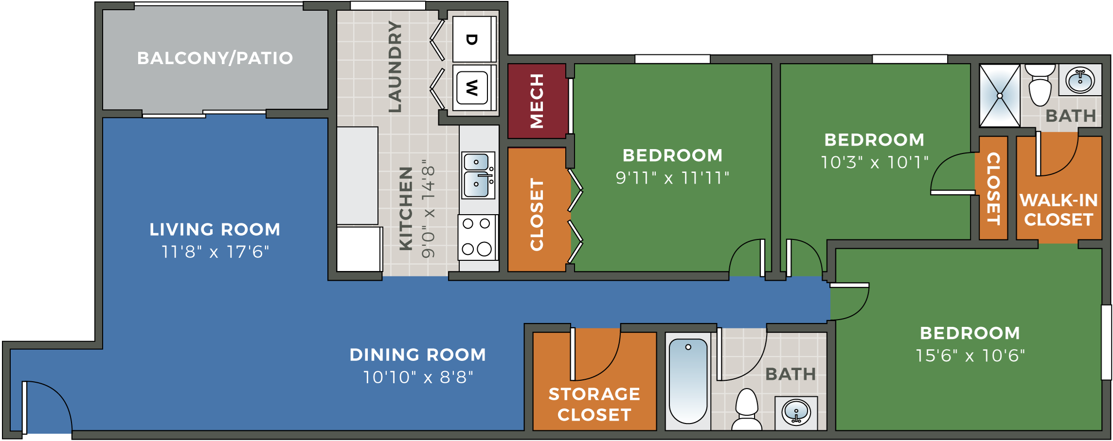 FoxRun 3 Bedroom 2 Bath Floor Plan FoxRun 3 Bedroom 2 Bath Floor Plan at Hethwood Apartment Homes, Blacksburg, Virginia