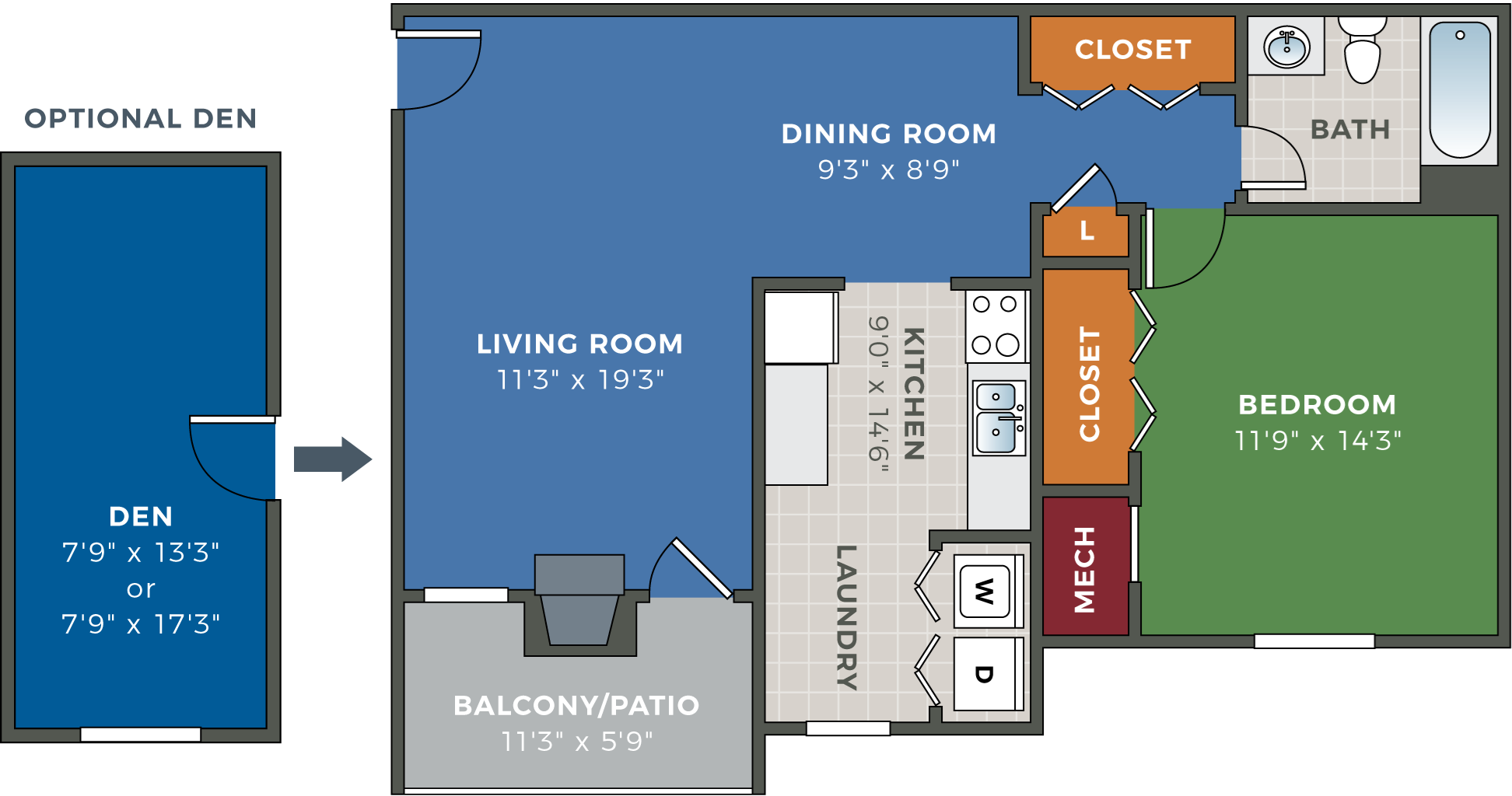 StroublesCrossing 1 Bedroom 1 Bath with Optional Den Floor Plan StroublesCrossing 1 Bedroom 1 Bath with Optional Den Floor Plan at Hethwood Apartment Homes, Blacksburg, VA, 24060