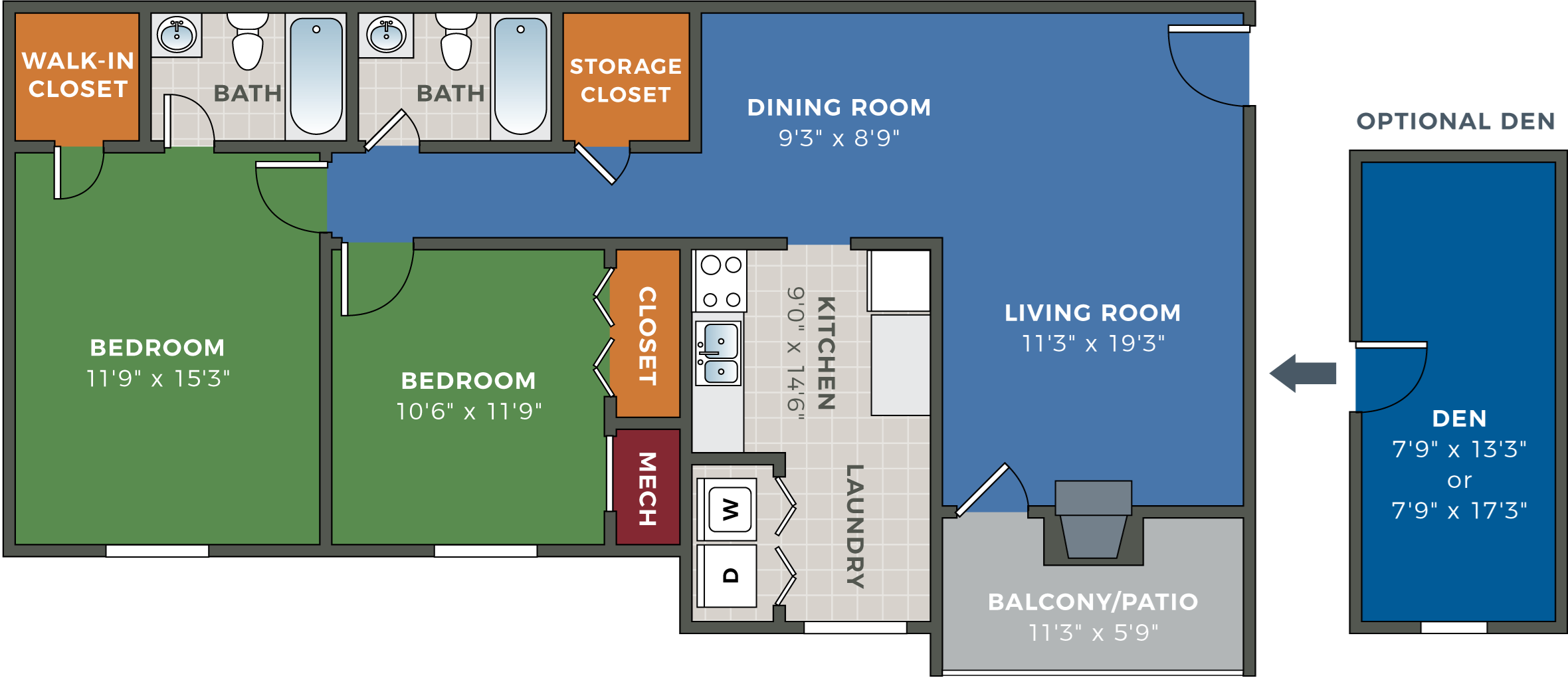 StroublesCrossing 2 Bedroom 1.5 Bath with Optional Den Floor Plan StroublesCrossing 2 Bedroom 1.5 Bath with Optional Den Floor Plan at Hethwood Apartment Homes, Blacksburg, VA