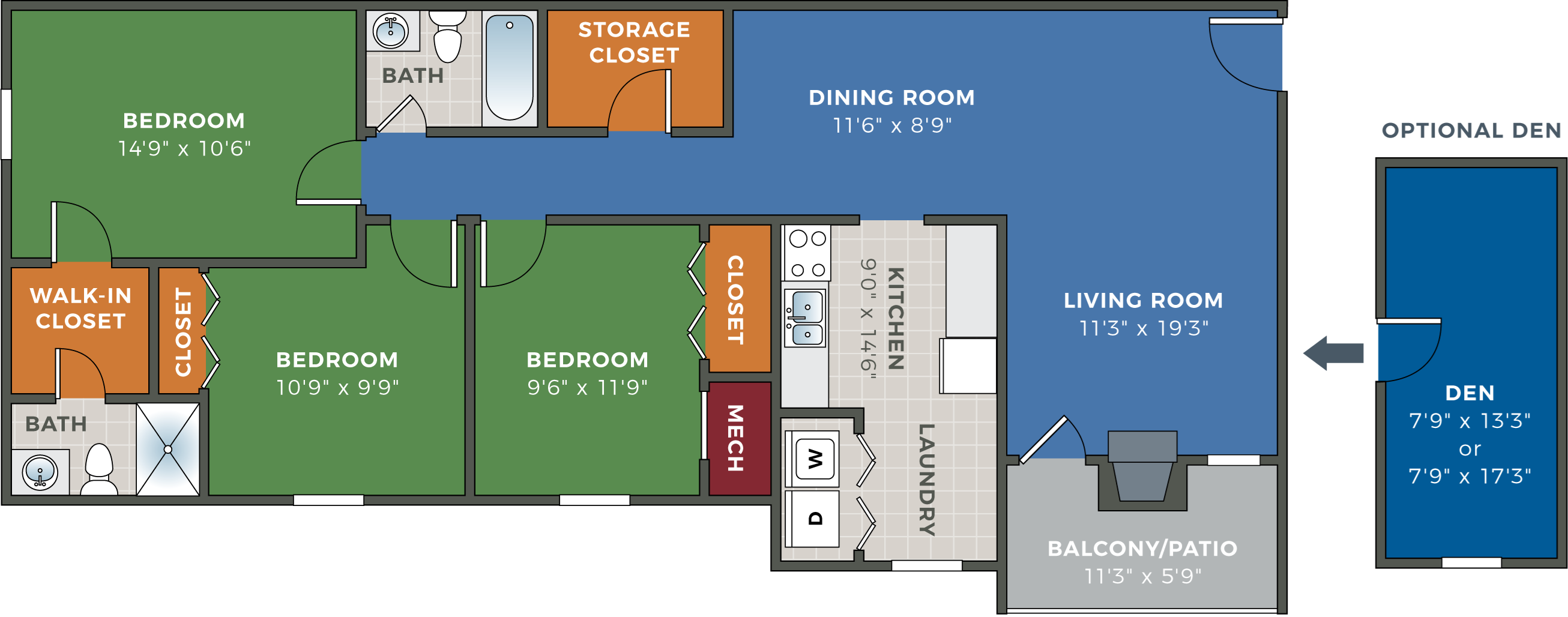 StroublesCrossing 3 Bedroom 2 Bath with Optional Den Floor Plan StroublesCrossing 3 Bedroom 2 Bath with Optional Den Floor Plan at Hethwood Apartment Homes, Blacksburg, 24060