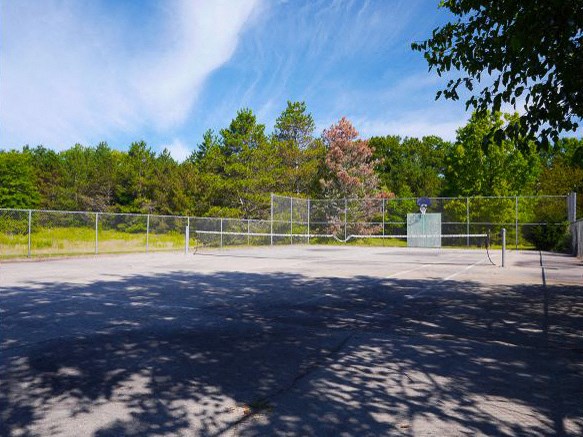 a tennis court with a fence and trees