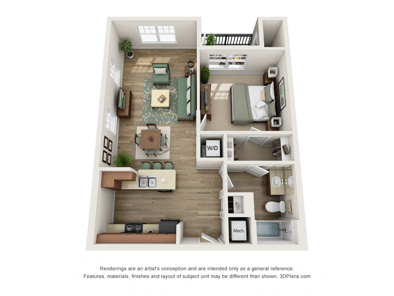 1 Bed 1 Bath A1 Floor Plan at The Elliott Senior Apartments, Arlington