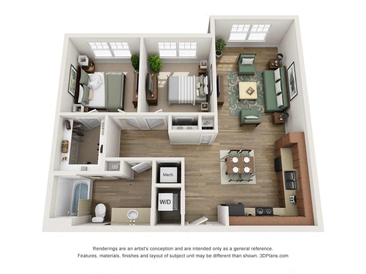 2 Bed 1 Bath B1 Floor Plan at The Elliott Senior Apartments, Texas