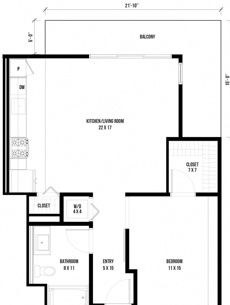 1B1 – 1 Bedroom 1 Bath Floor Plan Layout – 742 Square Feet