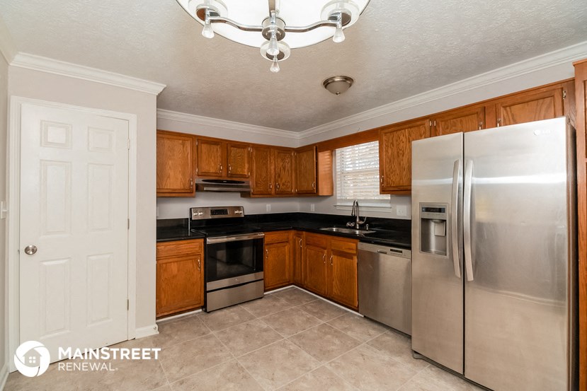 a kitchen with stainless steel appliances and wooden cabinets