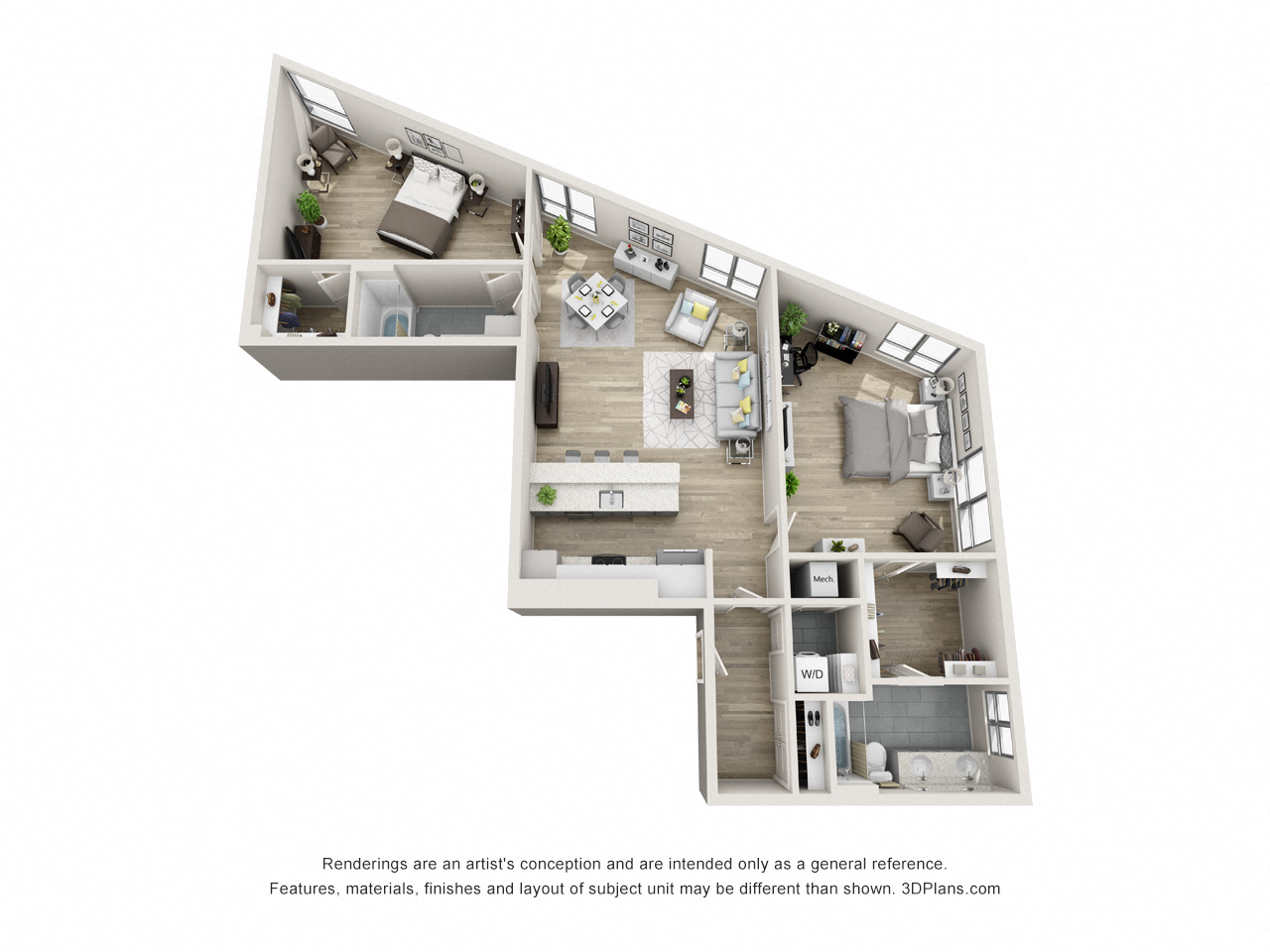 2 bedroom 2 bathroom apartment floor plan  at The Locks Tower, Richmond, Virginia