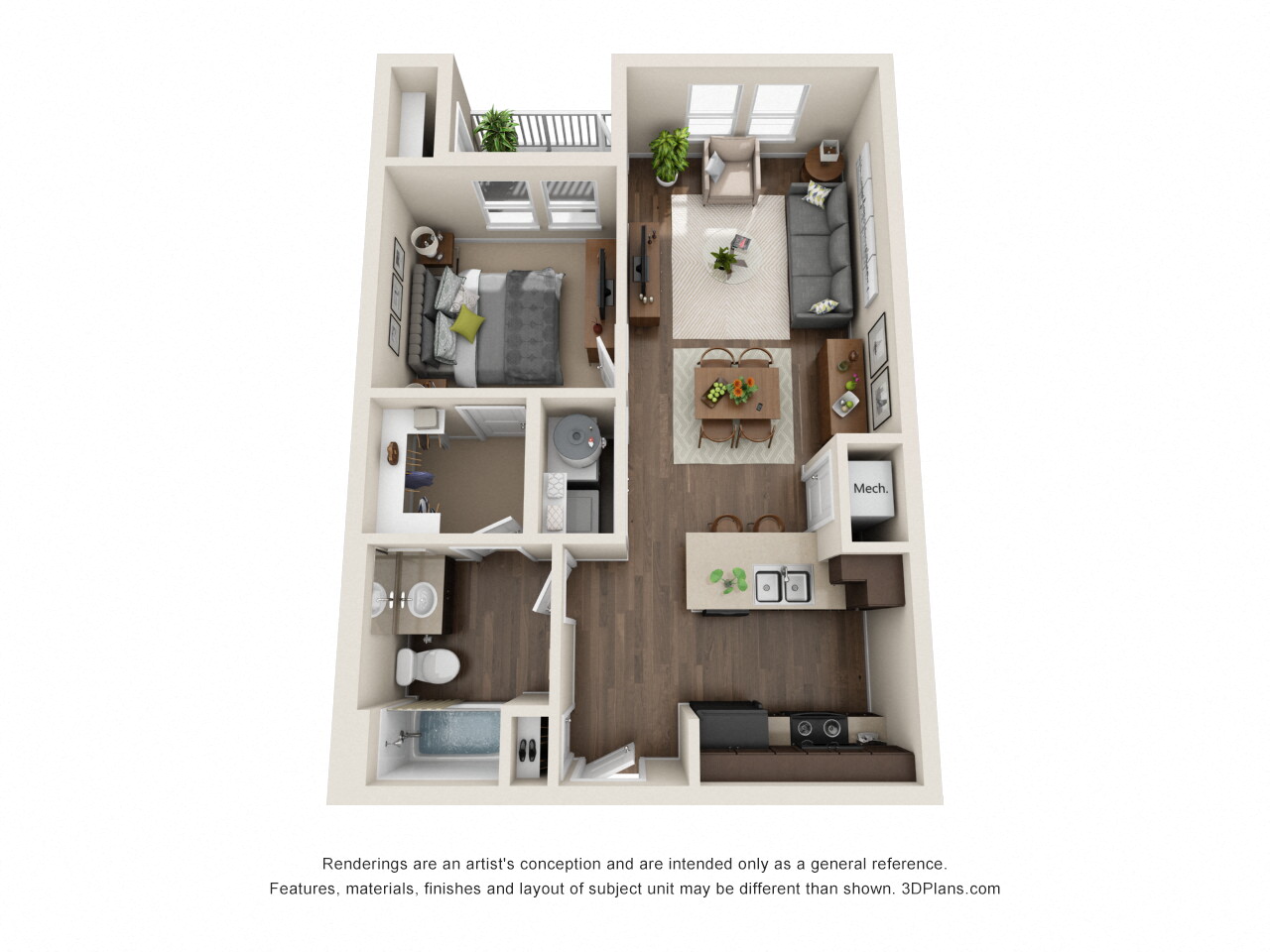 1 Bed 1 Bath A Floor Plan at Rio Lofts, San Antonio, TX