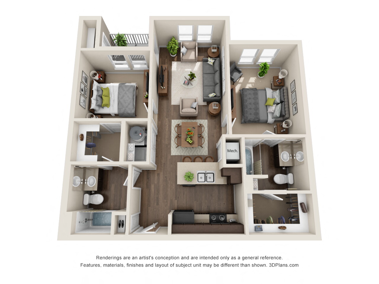 2 Bed 2 Bath B Floor Plan at Rio Lofts, San Antonio, Texas