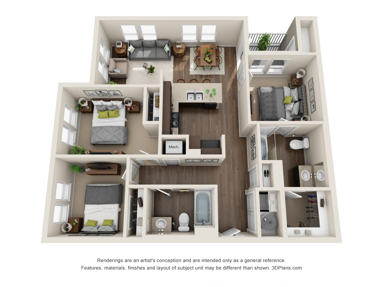 3 Bed 2 Bath C2 Floor Plan at Rio Lofts, San Antonio, TX, 78204