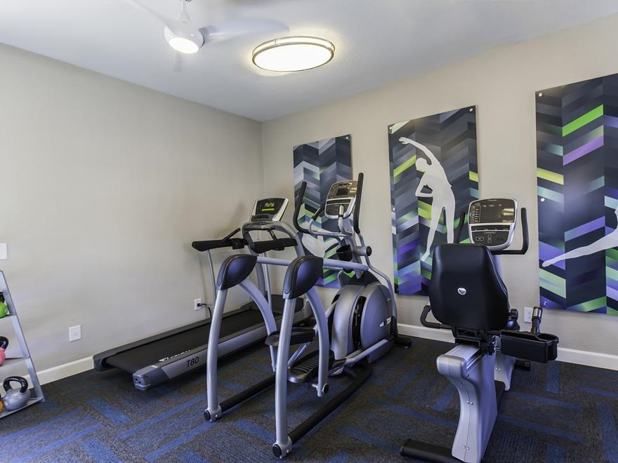 a gym with exercise machines and paintings on the wall