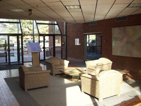 A sunny day at the outdoor seating area with wicker chairs and tables.