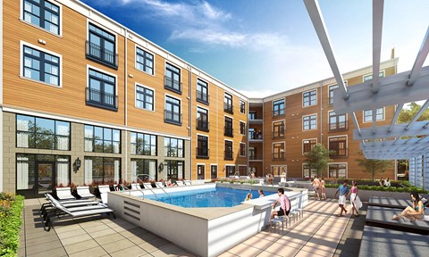 a rendering of an apartment building with a pool