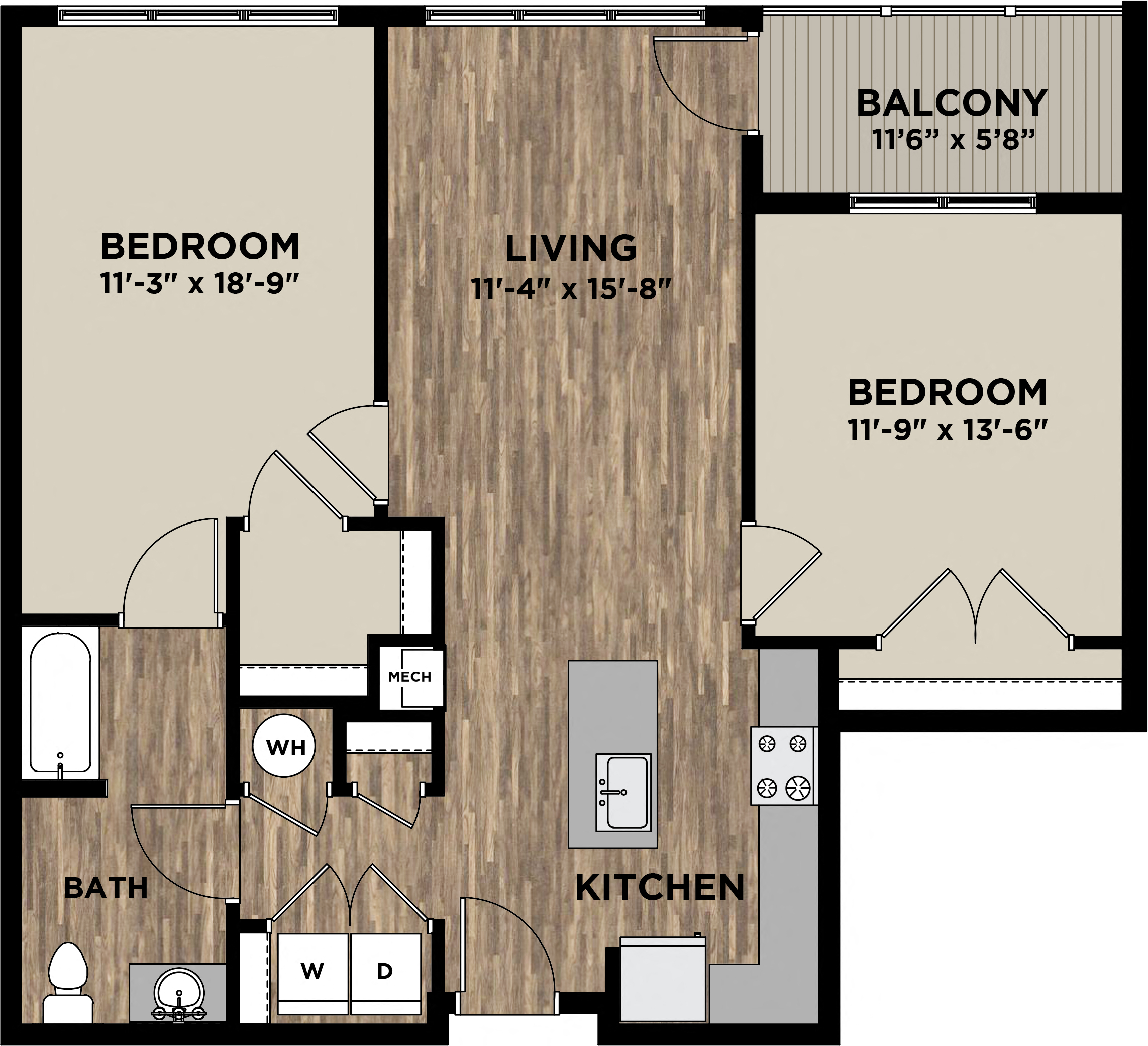 (B7) Two Bedrooms One Bathroom Floor Plan at Arlo, Malvern, PA, 19355