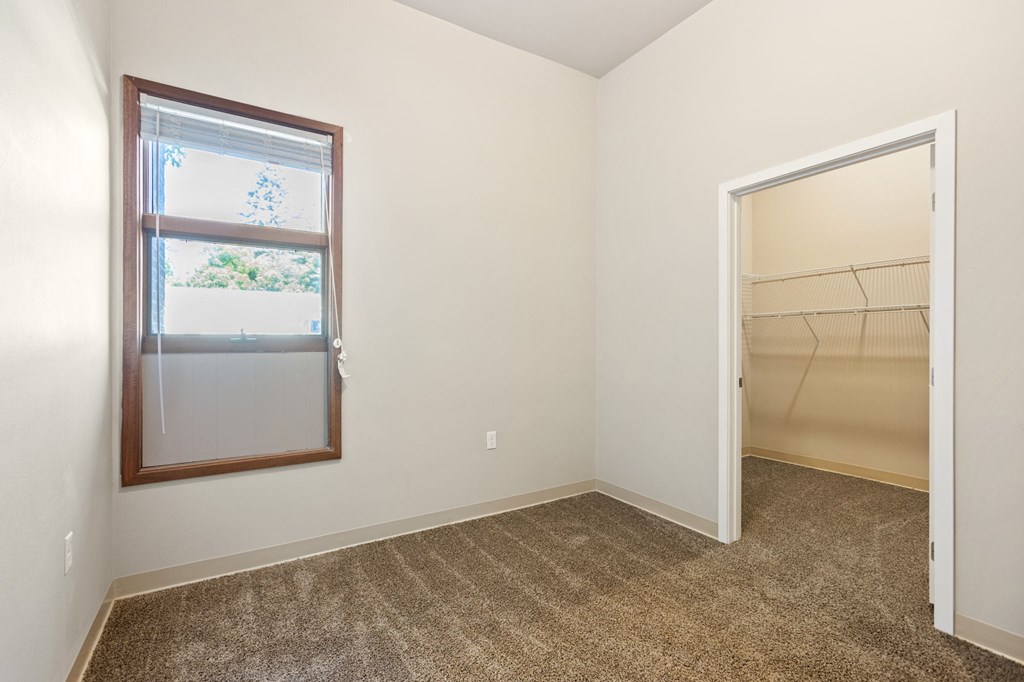 a bedroom with a window and a closet