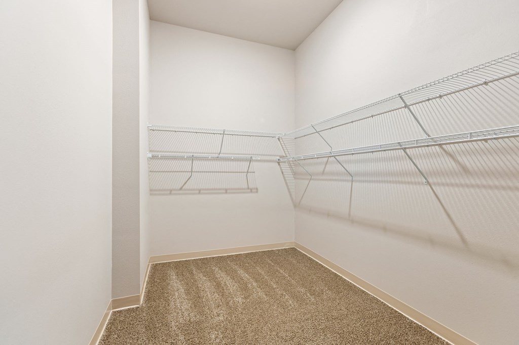 a spacious closet with empty shelves in a home with white walls and carpet