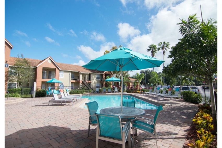a swimming pool with patio furniture and umbrellas