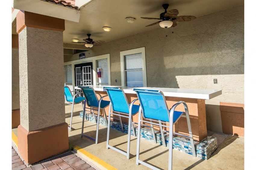 a bar with blue bar chairs and a counter