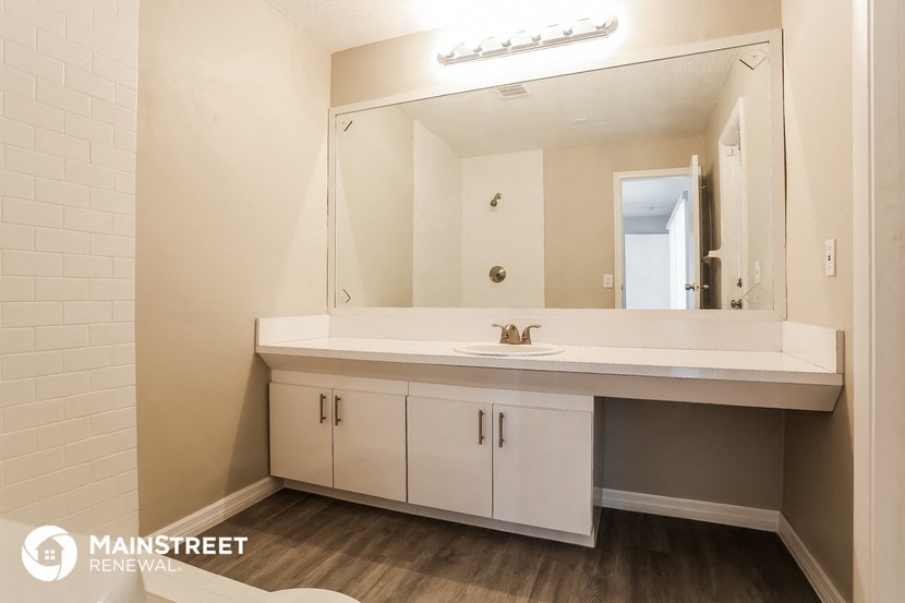 a bathroom with a sink and a large mirror