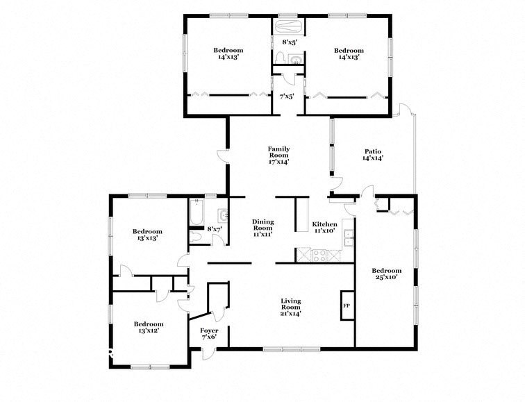 a floor plan of a house with many rooms and a staircase