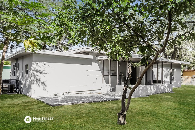 a white house with a tree in front of it