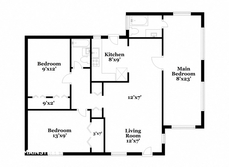 a floor plan of a home with a small kitchen and a living room