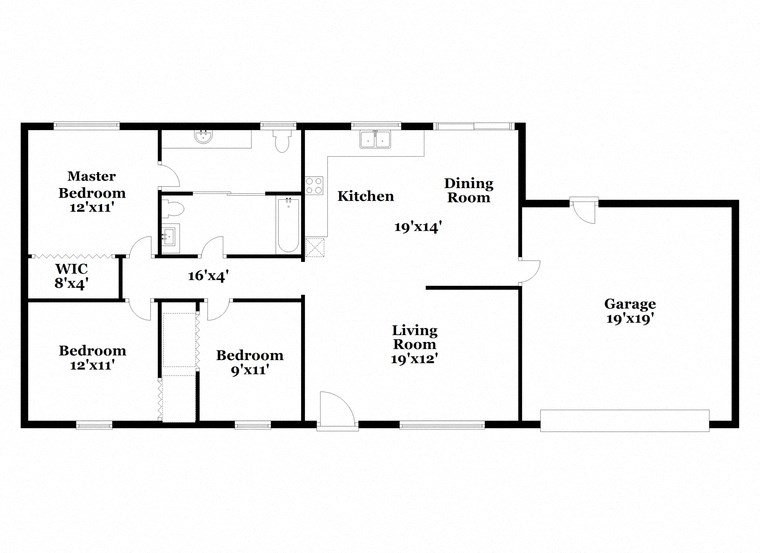 a floor plan of a house with an open floor plan with bedrooms and a kitchen