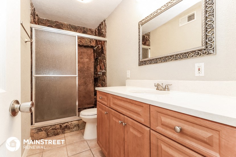 a bathroom with a shower toilet and sink and a mirror