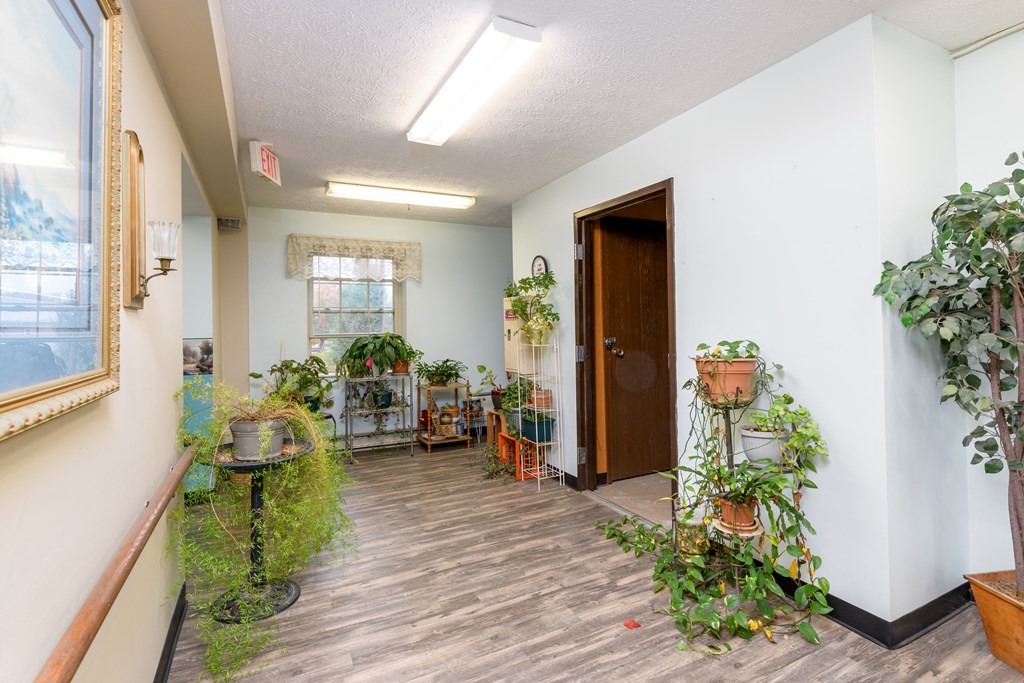 a room with plants and a wooden floor and a door