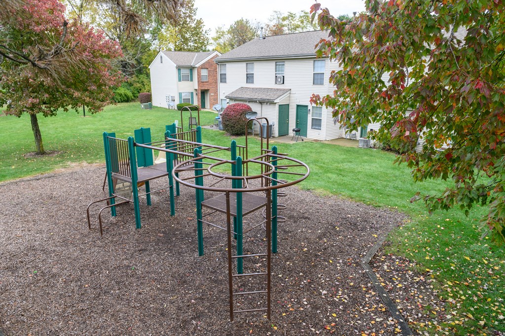 a playground in a yard with a house in the background