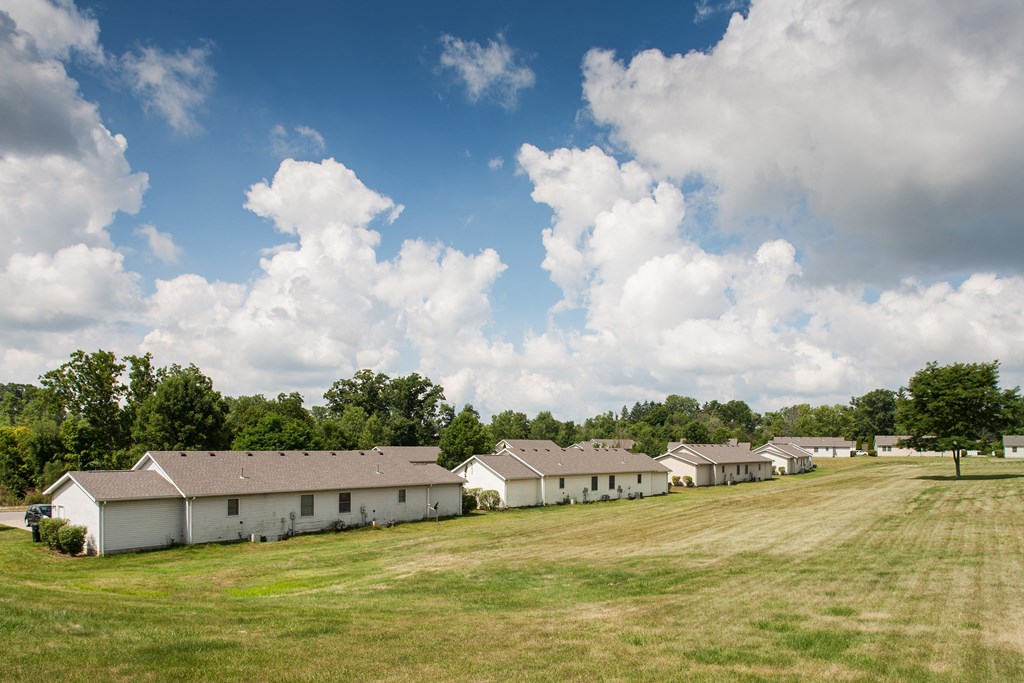 a row of houses in a field with a cloudy sky