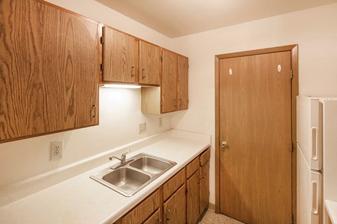 a kitchen with a sink and cabinets and a refrigerator