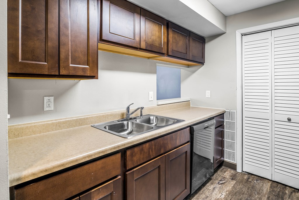 a kitchen with a sink and cabinets and a door to a closet