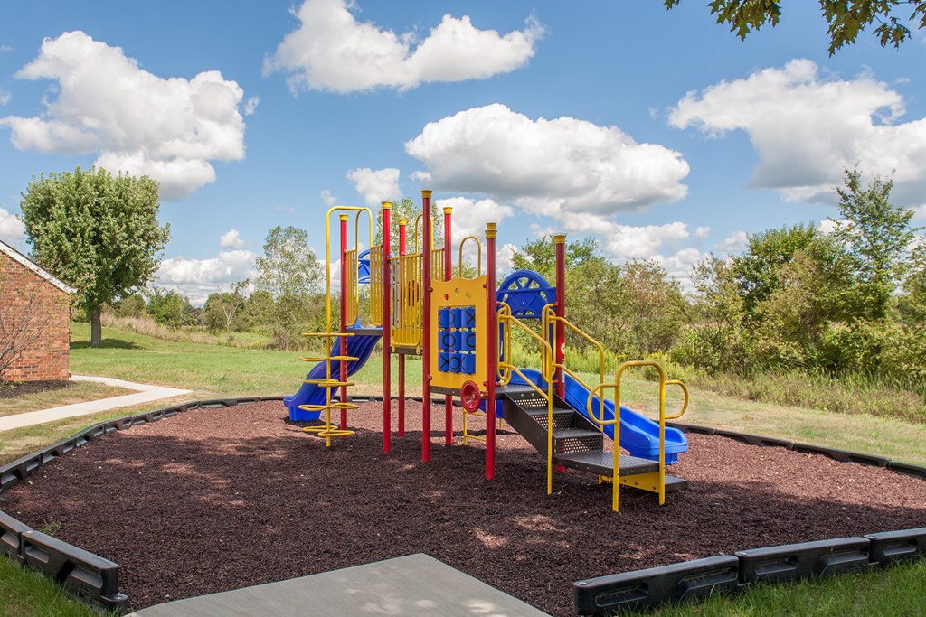 a playground with a blue and yellow playset in a park
