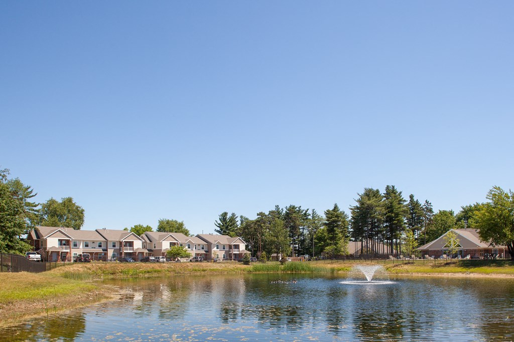 a pond with a fountain in front of a row of houses