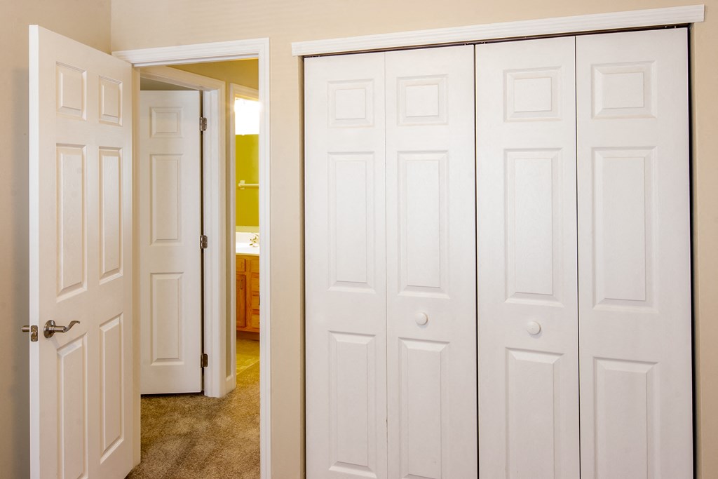 the closets in the master bedroom are empty and the closet doors are open