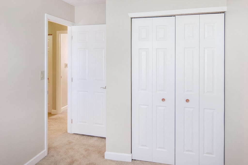 a bedroom with two closets and a door to a hallway