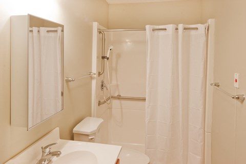 a bathroom with a shower and a sink and a mirror