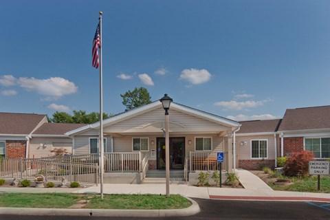 a building with an flag in front of it