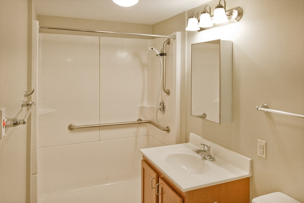 a bathroom with a shower and a sink and a mirror