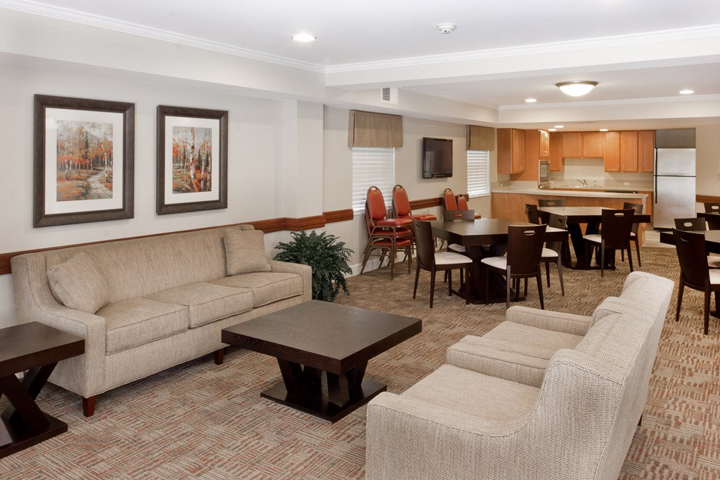 a living room with couches and chairs and a kitchen and dining area