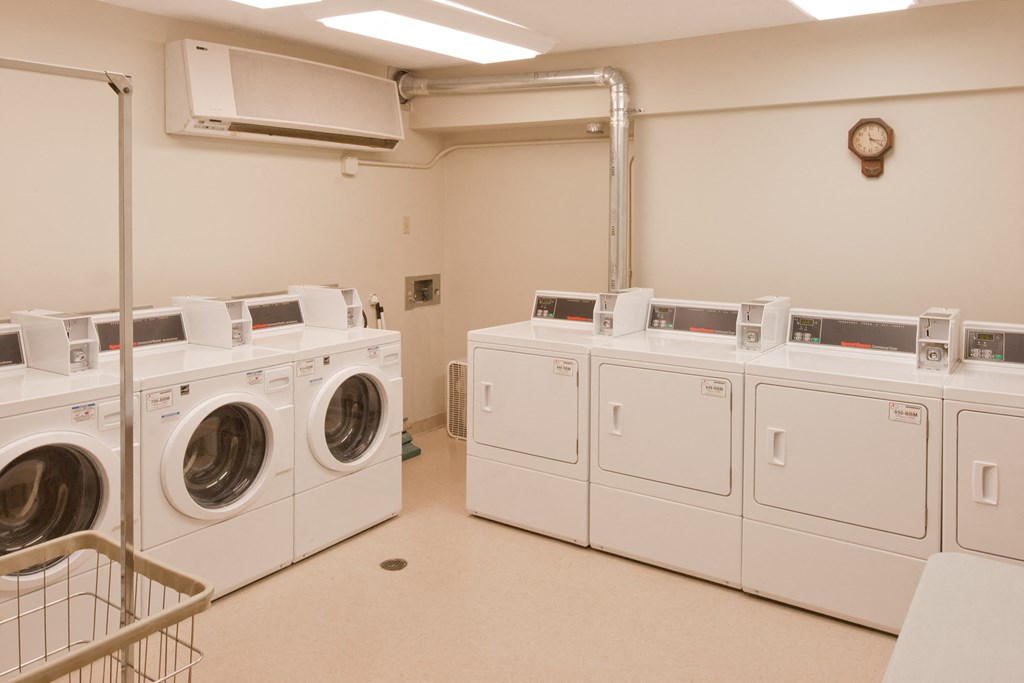 a row of washers and dryers in a laundry room