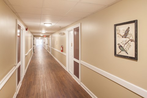 a hallway with wood floors and a painting of birds on the wall
