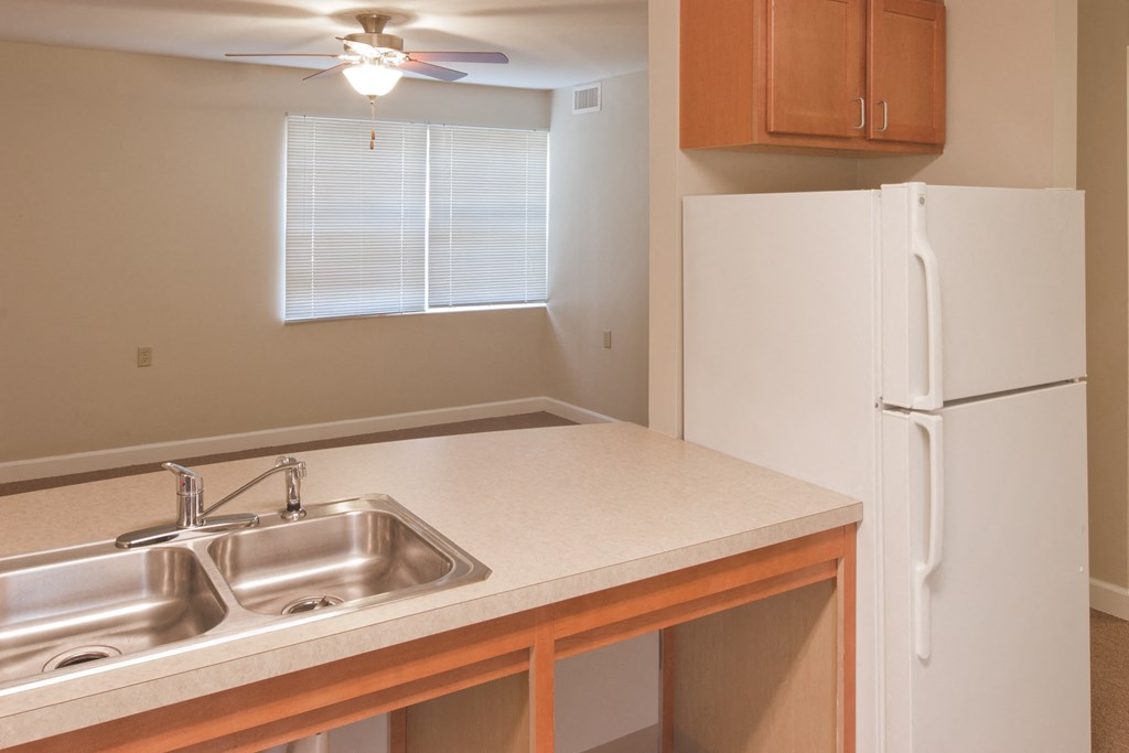 a kitchen with a sink and a refrigerator