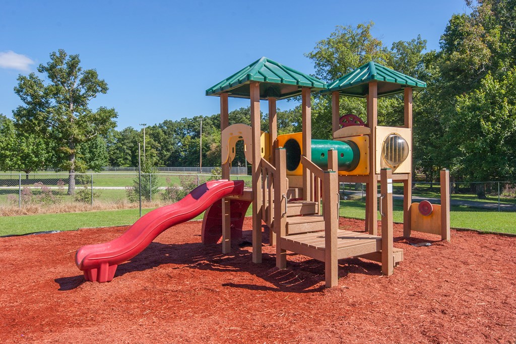 a playground at a park with a slide